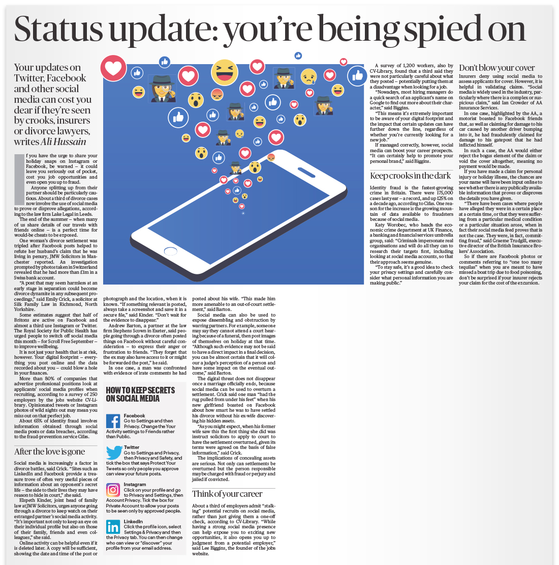 The Sunday Times Money page with social media spies illustration